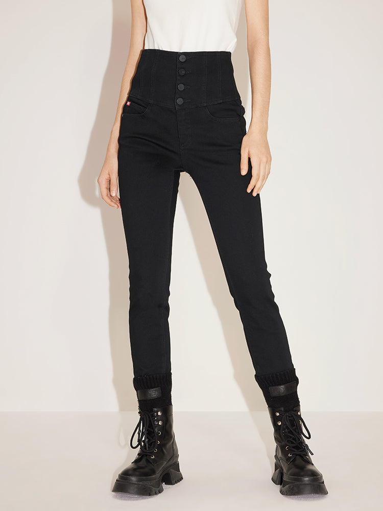 Black Super High Waisted Fleece Thermal Jeans With Four Buttons