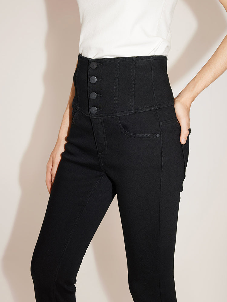 Black Super High Waisted Fleece Thermal Jeans With Four Buttons