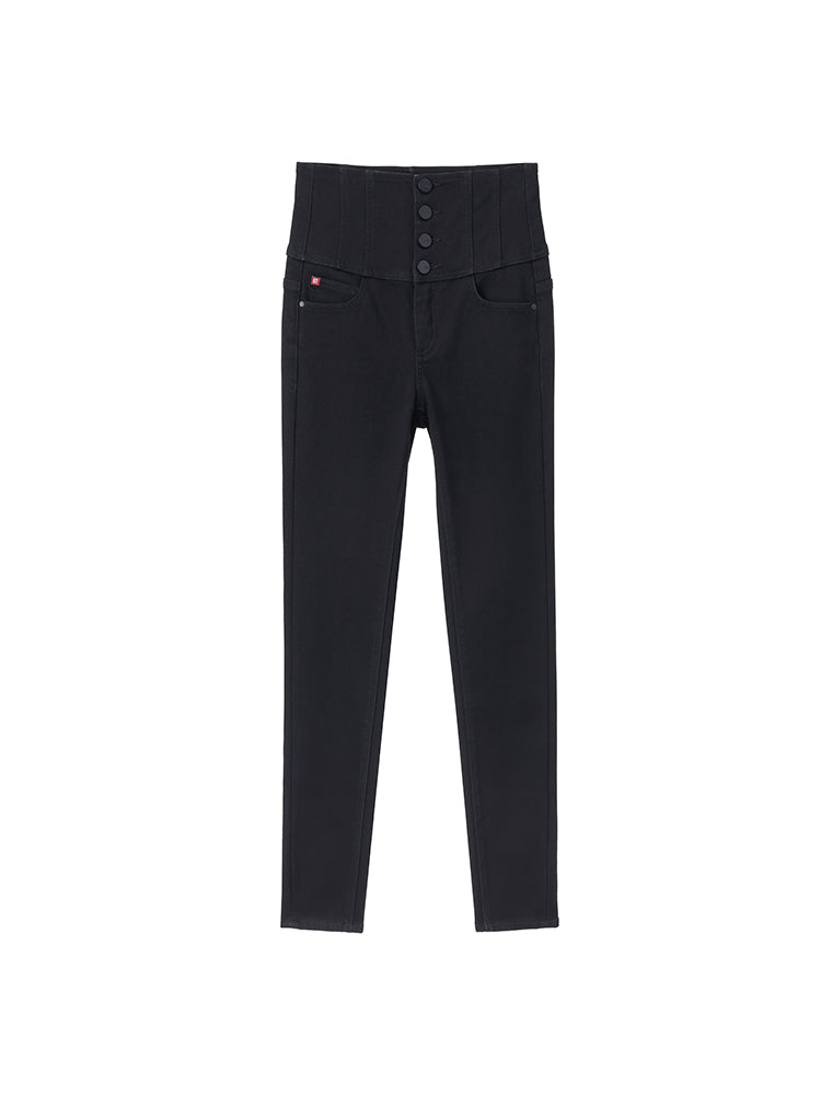 Black Super High Waisted Fleece Thermal Jeans With Four Buttons