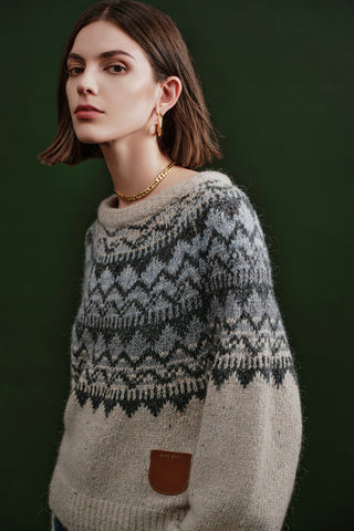 Round Neck Falkland Vintage-Style Mohair Knit Sweater