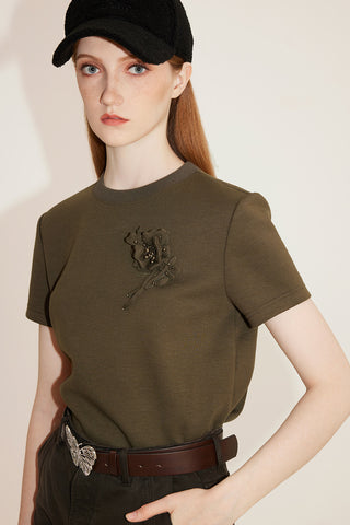 Short T-Shirt With Flower Embroidery