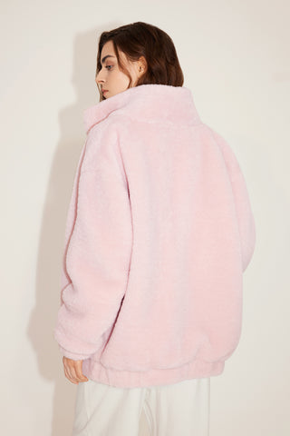 Light Pink Stand Collar Faux Fur Jacket