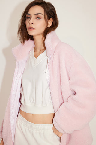 Light Pink Stand Collar Faux Fur Jacket