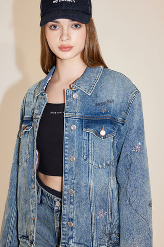 Vintage Loose-Fit Denim Jacket With Butterfly Crystal