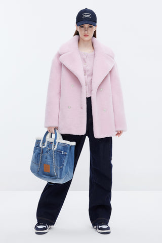 Elegant Light Pink Mid-Length Thickened Wool Shearling Coat