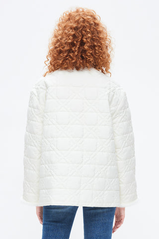 White Quilted Jacket With Fur Collar And Pearl Buttons