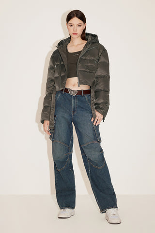 Vintage Cargo Style Hooded Cropped Down Jacket