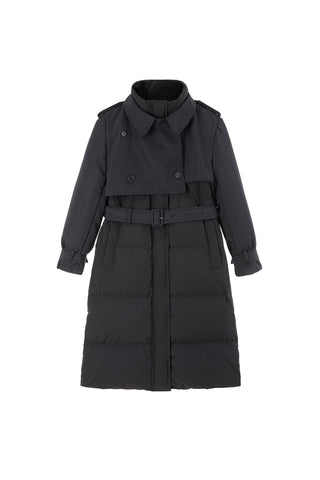 Warm And Windproof Long Down Jacket With Stand-Up Collar And Belt