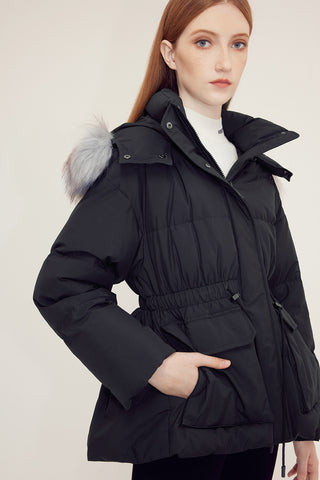 Detachable Hood Fur Collar Drawstring Down Jacket