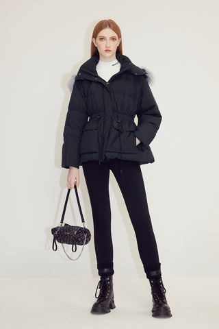 Detachable Hood Fur Collar Drawstring Down Jacket
