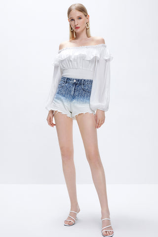 High Waist Gradient Jacquard Denim Shorts