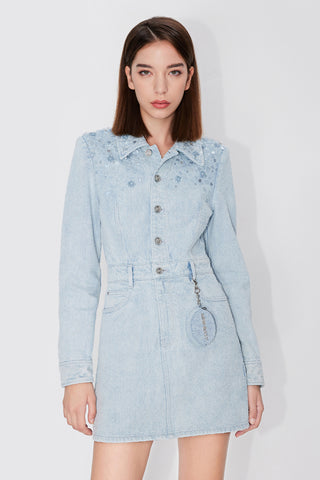 Delicate Denim Dress With Floral Embrodiery