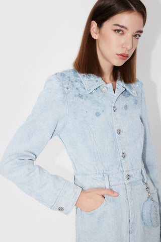 Delicate Denim Dress With Floral Embrodiery