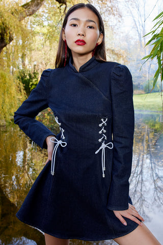 Forbidden City Culture Development Denim Dress With Mandarin-Collar