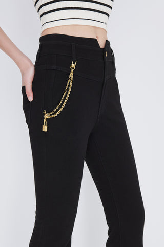 Black Denim Jeans With V Shape Waist And Gold Chain