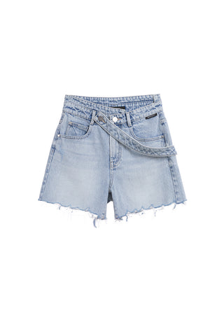 Stylish Denim Shorts With Fringes Trim