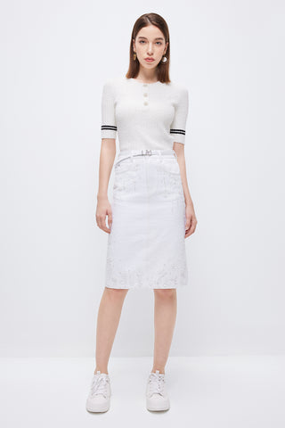 Delicate Beaded Denim Skirt With Belt