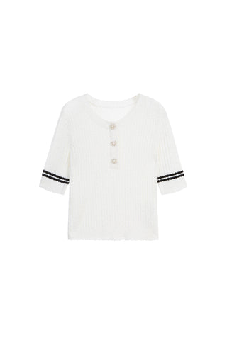 Crewneck Striped Wool Sweater With Pearl