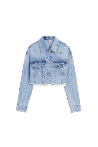 Denim Jacket With  Fruit And Beaded  Embellishment