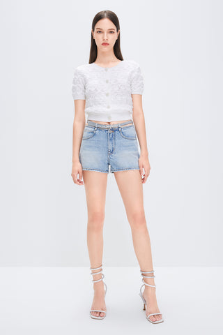 Belted Printed Denim Shorts