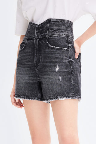 Two Buttons High Rise Embroidered Denim Shorts