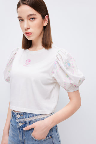 Sweet Puff Sleeves T-Shirt With  Beaded