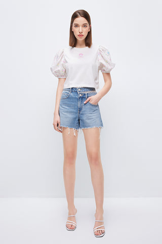 Sweet Puff Sleeves T-Shirt With  Beaded