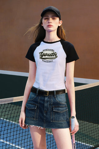 Contrasting Raglan Sleeve Cotton T-Shirt