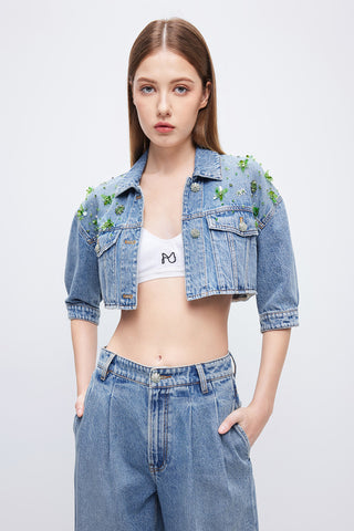 Cropped Denim Jacket With Sequined And Beaded Embellishment