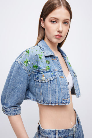 Cropped Denim Jacket With Sequined And Beaded Embellishment