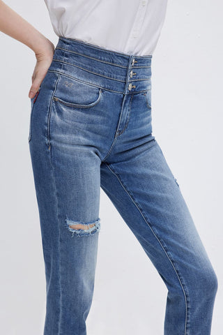High Waist Ripped Jeans with Silk