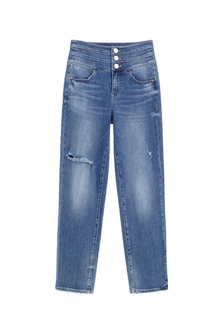 High Waist Ripped Jeans with Silk