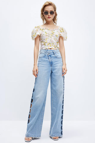 Bella Hadid Style Hollow Out High Waist Wide Leg Jeans With Pearls