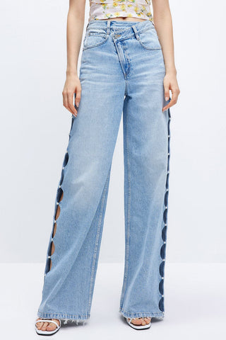 Bella Hadid Style Hollow Out High Waist Wide Leg Jeans With Pearls