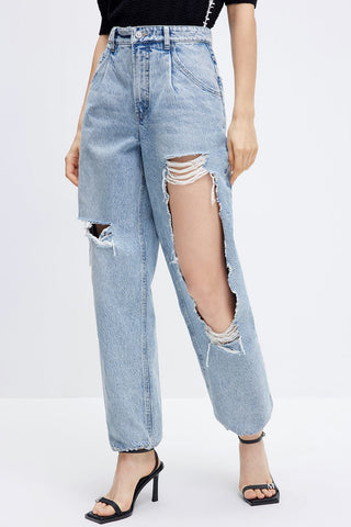 Bella Hadid Style High Waisted Straight Fit Ripped Jeans