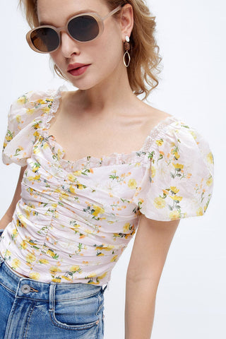 Bella Hadid Style Dandelion-printed Pleated Shirt