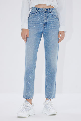 High Waist Straight Fit Jeans With Crystals