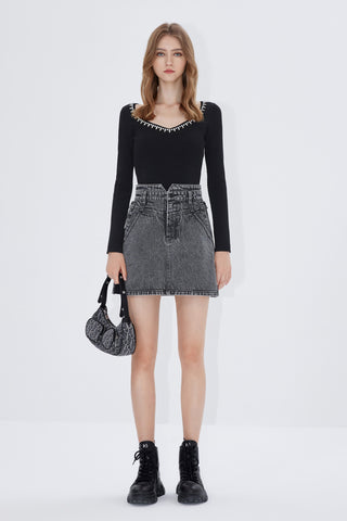 High Waist Denim Skirt With Zip Detail