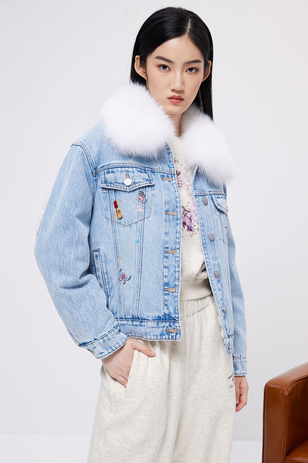 Denim jacket with eco-fur collar