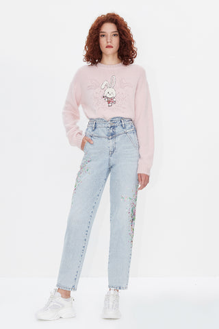 Crew Neck Beaded Embroidered  Sweater