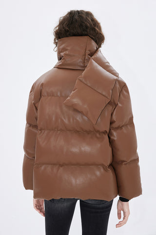Faux Leather Down Jacket With Detachable Collar